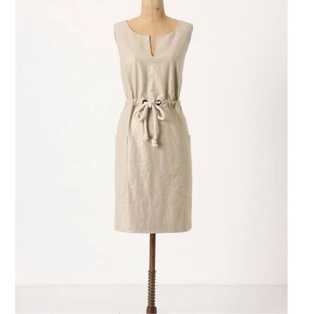 Maeve Flaxen Shimmer Linen Dress Anthropologie Nude Cream Size M / 10